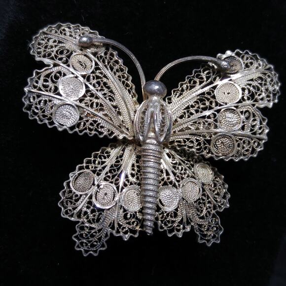 Antique Cannetille Butterfly Brooch, Vermeil 800 Silver - Picture 1 of 10